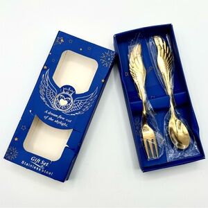 Angel Wings Fork and Spoon Gift Set Stainless Steel Gold Plated NIB